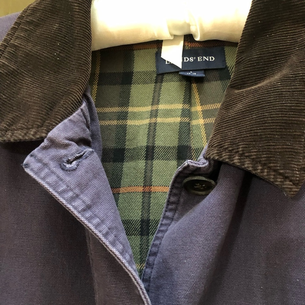 Lands' End Blue Barn chore Coat Flannel Plaid Lined Jacket Corduroy Large 14-16 - Picture 4 of 12